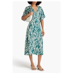 BA&SH Vee Wrap-effect Midi Lady Dress Size Small Green White NEW Animal Print